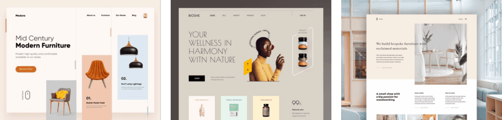 three examples of beige/comfort colors web design trend