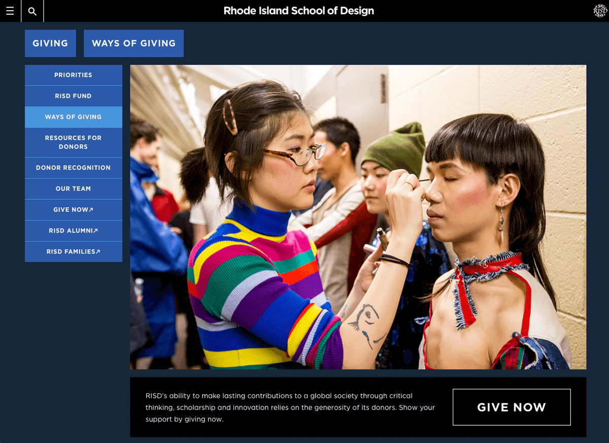 Screengrab of the RISD's fundraising microsite uses a rich navy blue, almost black, background to create a dark mode backdrop for the school's inspiring pictures