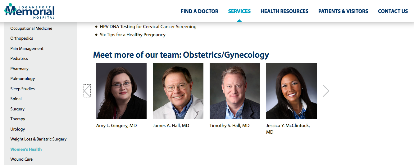 Screenshot of Logansport Memorial Hospital OB/GYN page