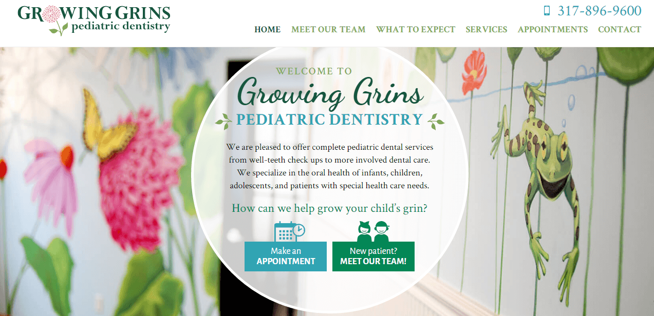 Colorful, welcoming home page of a dentist with their appointment option front & center