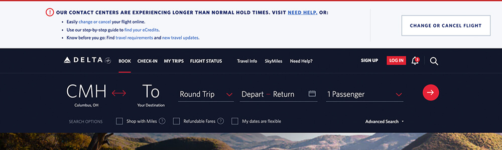 Delta website notification bar