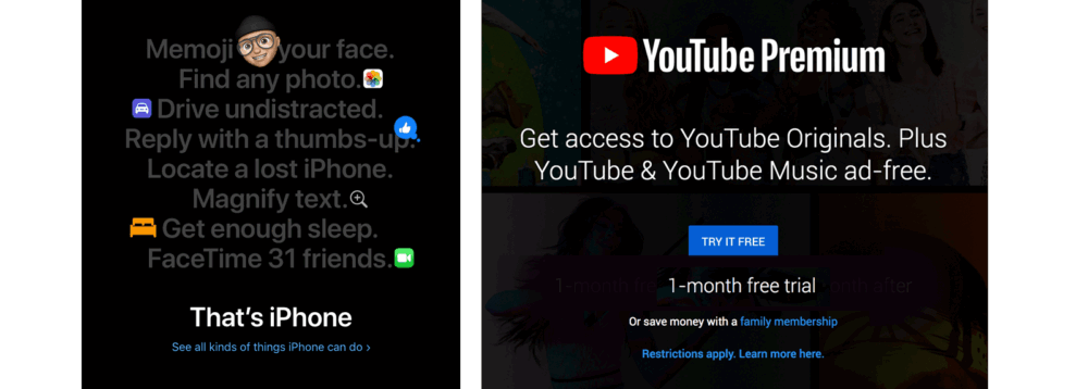 Apple and YouTube include CTAs that resonate their the target audiences on their homepages.