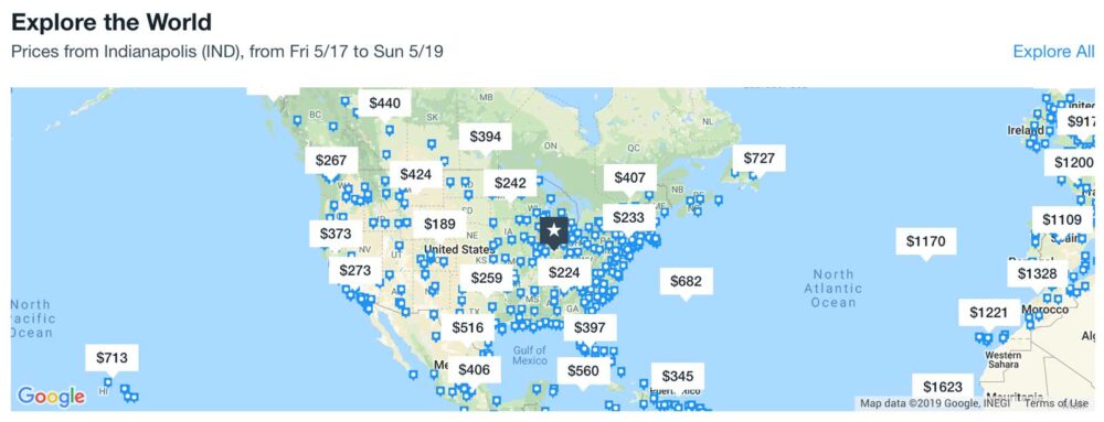 KAYAK takes a visual approach, using an interactive, map-based CTA to entice users to search their database to find their next affordable vacation.