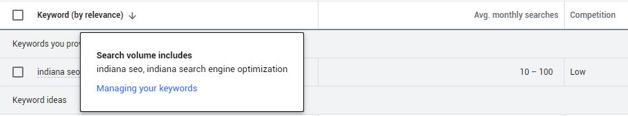 Google Keyword Planner example of group keywords: "indiana seo"