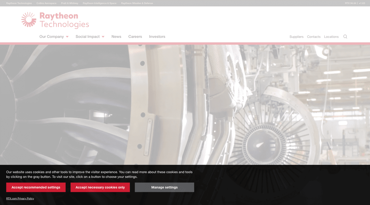 Screengrab of Raytheon's dark colored website alert
