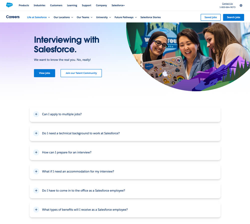 Salesforce's career portal includes an FAQ section on the application process