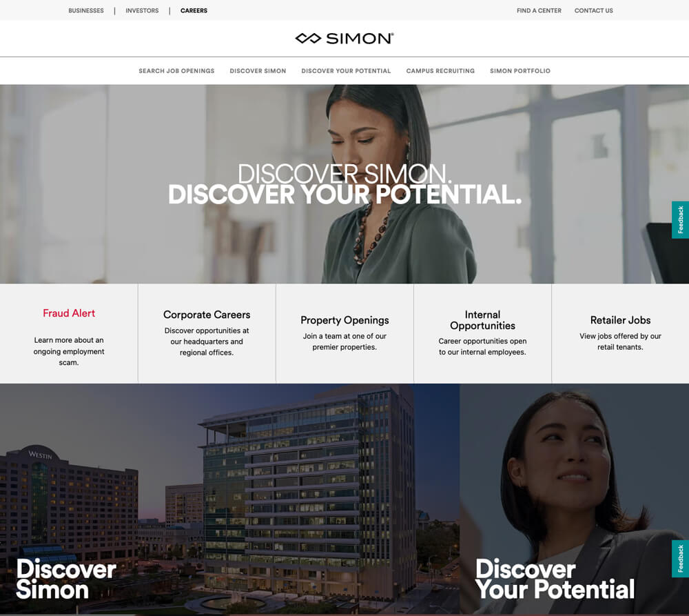 Careers page from Simon includes a fraud alert