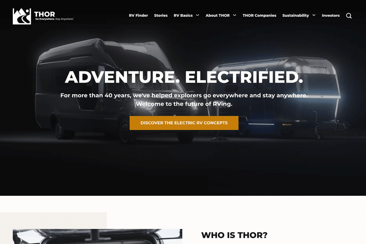 Screengrab of Thor Industries' dark mode homepage