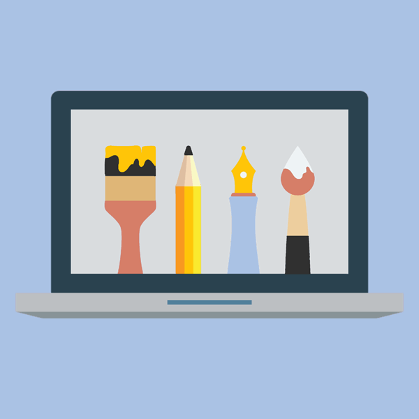 Illustration of a laptop showing tools to customize artwork to align website images and branding
