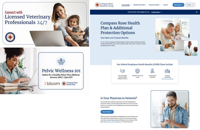 Compass Rose Benefits Group uses the framing technique to bring its custom stock website images and branding together.